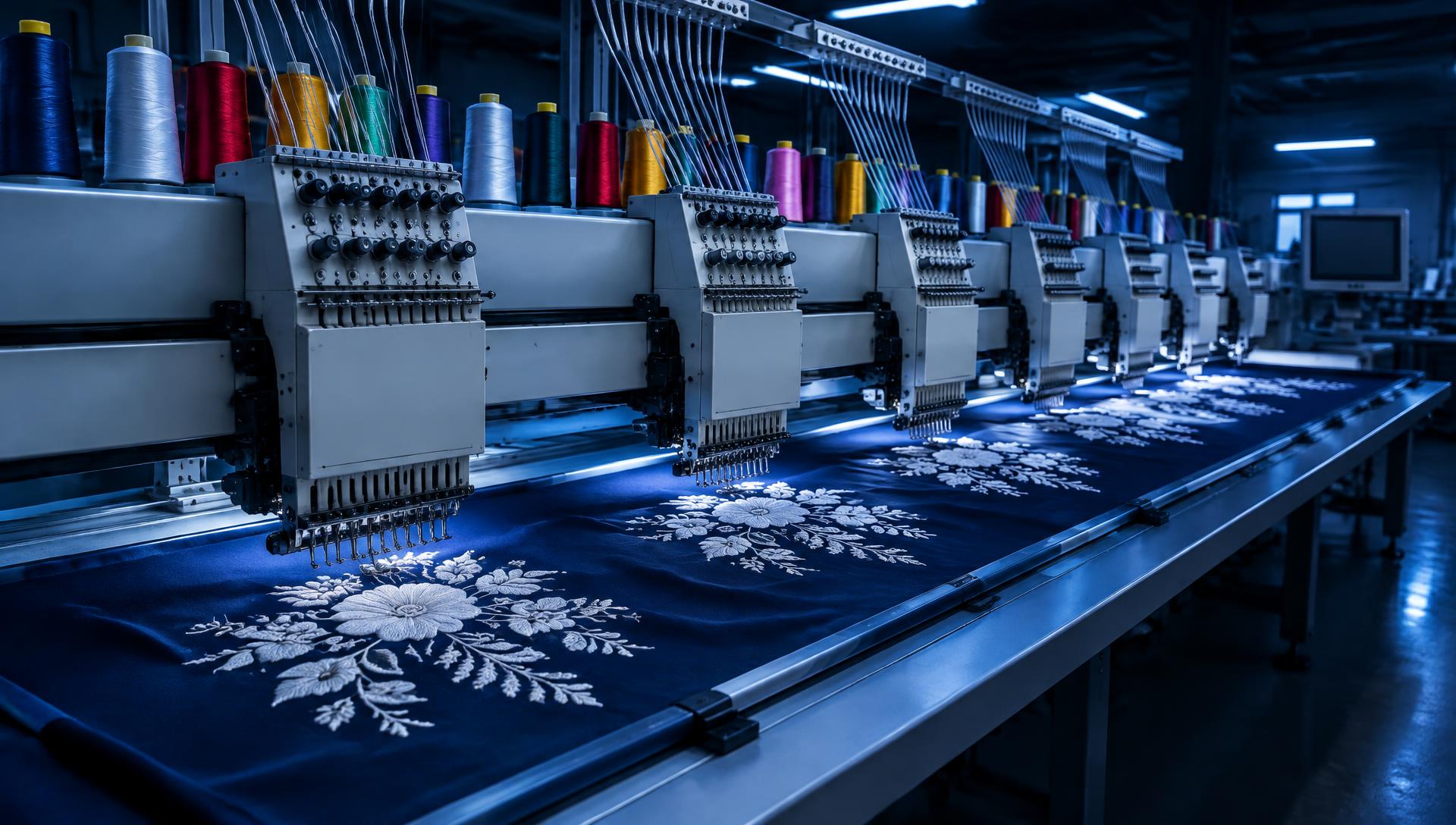 Industrial multi-head embroidery machine stitching floral designs